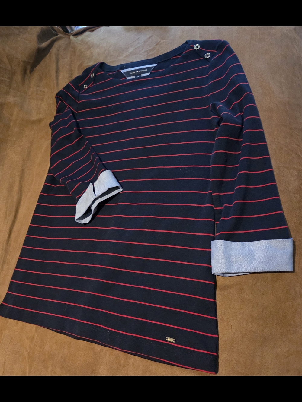 Tommy Hilfiger Navy Top with Red Stripes and Button Shoulder With Blue Cuffs